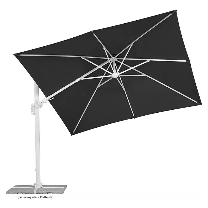 Schneider Classic Ampelschirm Rhodos Twist Bianco - Anthrazit, Bespannungsmaß (L x B): 300 x 300 cm - Schwarzer Freiarmschirm mit weißem Gestell und Kreuzfuß, für den Außenbereich.
