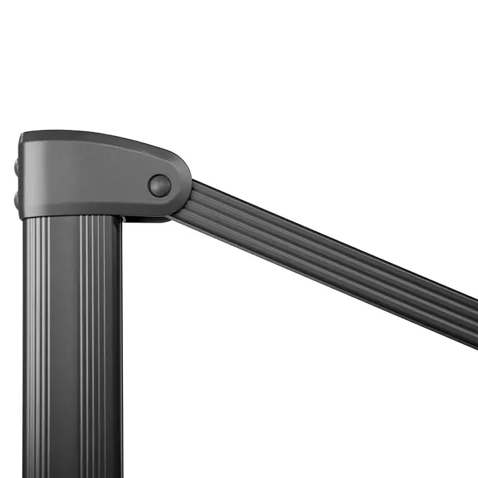 Schneider Classic Ampelschirm Rhodos Smart - Silbergrau, Bespannungsmaß (L x B): 300 x 300 cm - Nahaufnahme eines grauen Absperrpfostens mit einem ausziehbaren Band für den Innenbereich.
