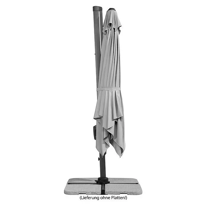 Schneider Classic Ampelschirm Rhodos Twist - Silbergrau, Bespannungsmaß (L x B): 300 x 300 cm - Geschlossener grauer Ampelschirm mit dunkelgrauem Mast und Sockel.