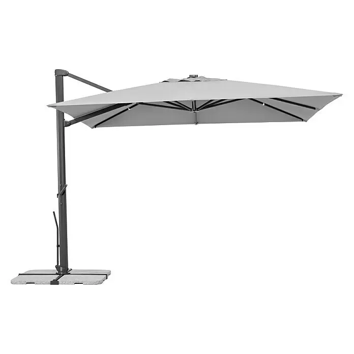 Schneider Classic Ampelschirm Rhodos Smart - Silbergrau, Bespannungsmaß (L x B): 300 x 300 cm - Ein hellgrauer Ampelschirm mit dunkelgrauem Gestell und vierteiligem beschwertem Standfuß.