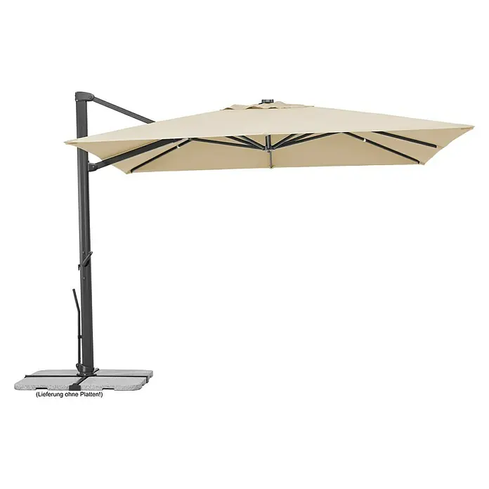 Schneider Classic Ampelschirm Rhodos Smart - Natur, Bespannungsmaß (L x B): 300 x 300 cm - Abbildung eines modernen, beigen Sonnenschirms mit einem stabilen, grauen Ständer, ideal für den Garten oder die Terrasse.