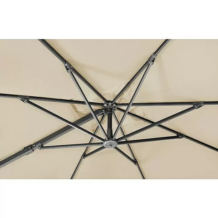 Schneider Classic Ampelschirm Rhodos Smart - Natur, Bespannungsmaß (L x B): 300 x 300 cm - Unterseite eines beigen Sonnenschirmdachs mit dunkelgrauem Metallgestell.