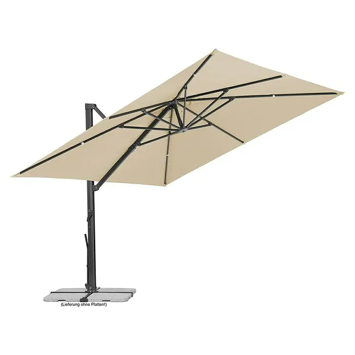 Schneider Classic Ampelschirm Rhodos Smart - Natur, Bespannungsmaß (L x B): 300 x 300 cm - Bild eines rechteckigen, beigen Sonnenschirms mit schwarzem Ständer und Fuß.