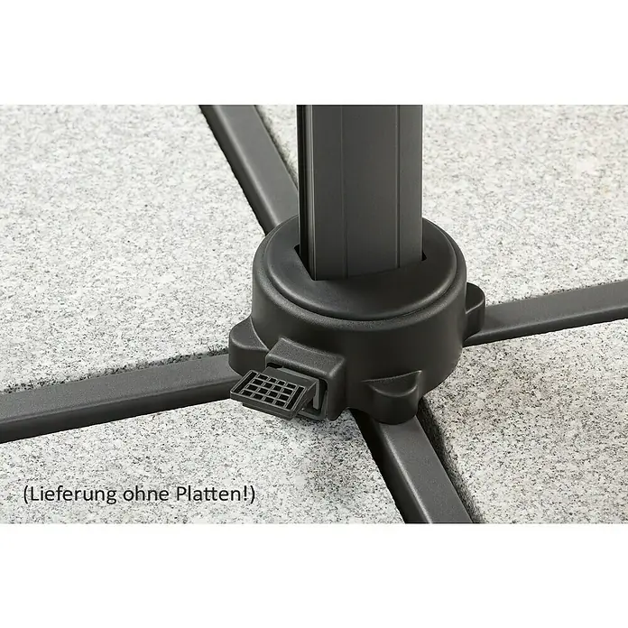 Schneider Classic Ampelschirm Rhodos Twist - Silbergrau, Bespannungsmaß (L x B): 300 x 300 cm - Detailaufnahme eines Sonnenschirmständers aus dunklem Material auf einem gepflasterten Untergrund. Der Ständer ist ohne die dazugehörigen Platten abgebildet.