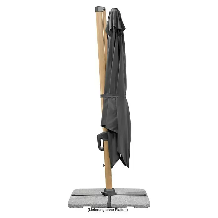 Schneider Classic Ampelschirm Rhodos Twist Woody - Anthrazit, Bespannungsmaß (L x B): 300 x 300 cm - Zusammengeklappter dunkelgrauer Ampelschirm mit Holzständer und grauem Fußkreuz. Lieferung ohne Platten.