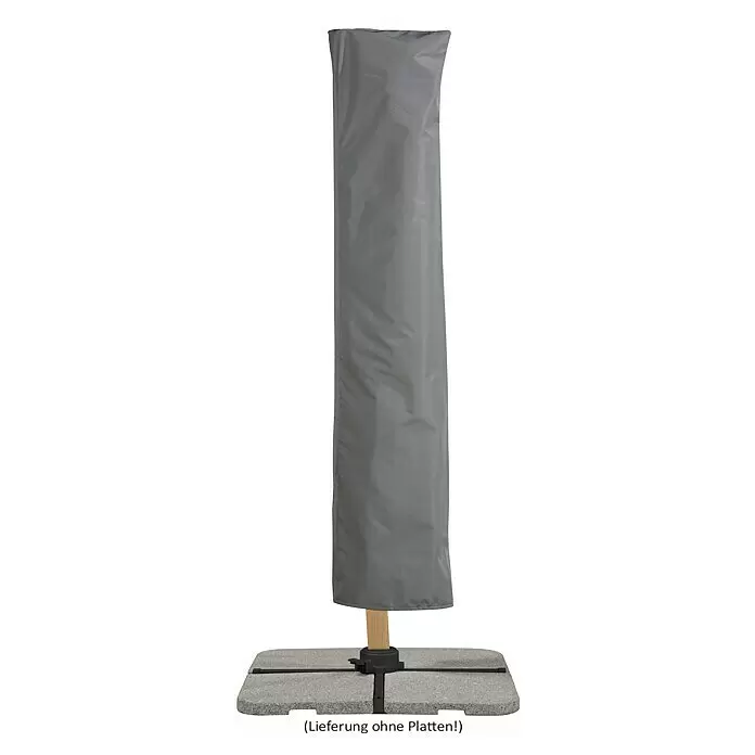 Schneider Classic Ampelschirm Rhodos Twist Woody - Anthrazit, Bespannungsmaß (L x B): 300 x 300 cm - Graue Schutzhülle für Sonnenschirm auf einem Ständer mit Steinplatten.