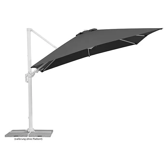 Schneider Classic Ampelschirm Rhodos Twist Bianco - Anthrazit, Bespannungsmaß (L x B): 300 x 300 cm - Dunkelgrauer Ampelschirm mit weißem Gestell und Plattenfuß.