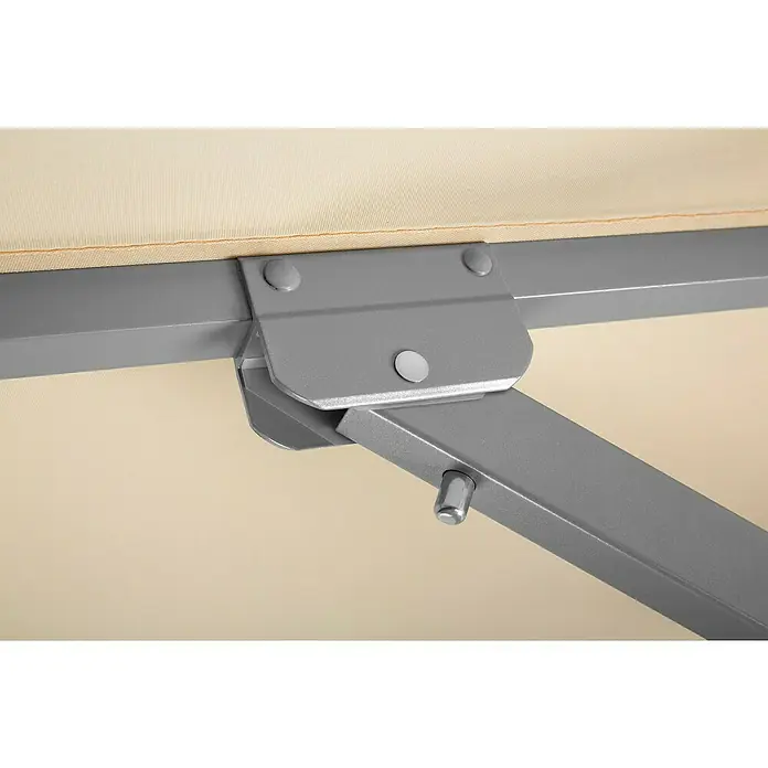 Schneider Classic Marktschirm rund Rooftop - Natur, Durchmesser Bespannung: 350 cm - Nahaufnahme eines Gelenks einer Markise, das aus Metall besteht und mit Nieten befestigt ist, was die Stabilität und Funktionalität betont.