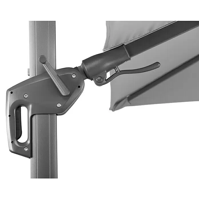 Schneider Classic Ampelschirm Rhodos Twist - Silbergrau, Bespannungsmaß (L x B): 300 x 300 cm - Graue Kurbelmechanik für einen Sonnenschirm, an einem vertikalen Pfosten montiert, mit grauem Stoff sichtbar.
