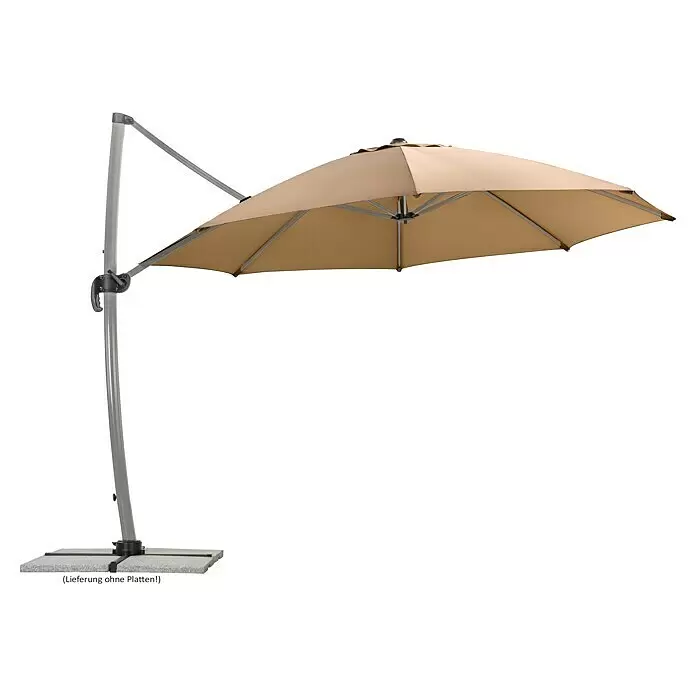 Schneider Classic Ampelschirm rund Rhondos Rondo - Sand, Durchmesser Bespannung: 350 cm - Beiger Ampelschirm mit grauem, gebogenem Metallmast und dunklem Kreuzfuß.