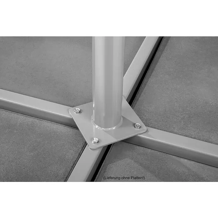Schneider Classic Marktschirm rund Rooftop - Natur, Durchmesser Bespannung: 350 cm - Detailansicht eines Sonnenschirmständers aus Metall mit quadratischer Basis und Befestigungsbolzen.