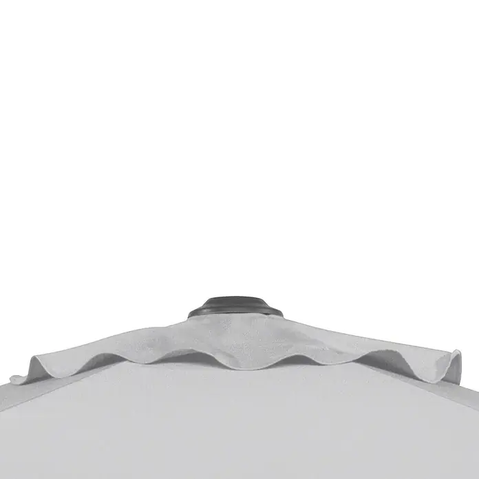 Schneider Classic Marktschirm Sevilla - Silbergrau, Bespannungsmaß (L x B): 240 x 140 cm - Nahaufnahme eines weißen Sonnenschirms mit einem dunklen Aufsatz.