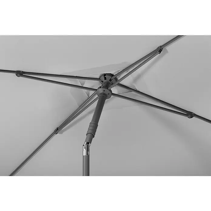 Schneider Classic Marktschirm Sevilla - Silbergrau, Bespannungsmaß (L x B): 240 x 140 cm - Nahaufnahme der soliden, grauen Mechanik eines geöffneten Sonnenschirms, die Schatten spendet.