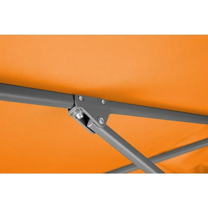 Schneider Classic Marktschirm Tunis - Mandarine, Bespannungsmaß (L x B): 270 x 150 cm - Nahaufnahme des orangefarbenen Pavillondachs mit grauem Metallgestell.