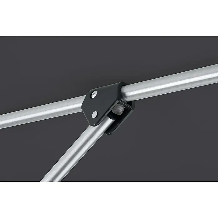 Schneider Classic Marktschirm rund VenedigAnthrazit, Durchmesser Bespannung: 270 cm - Nahaufnahme eines Rohrrahmens mit einem schwarzen Verbinder, der zwei silberne Rohre verbindet, ideal für Möbel- oder Zeltkonstruktionen.