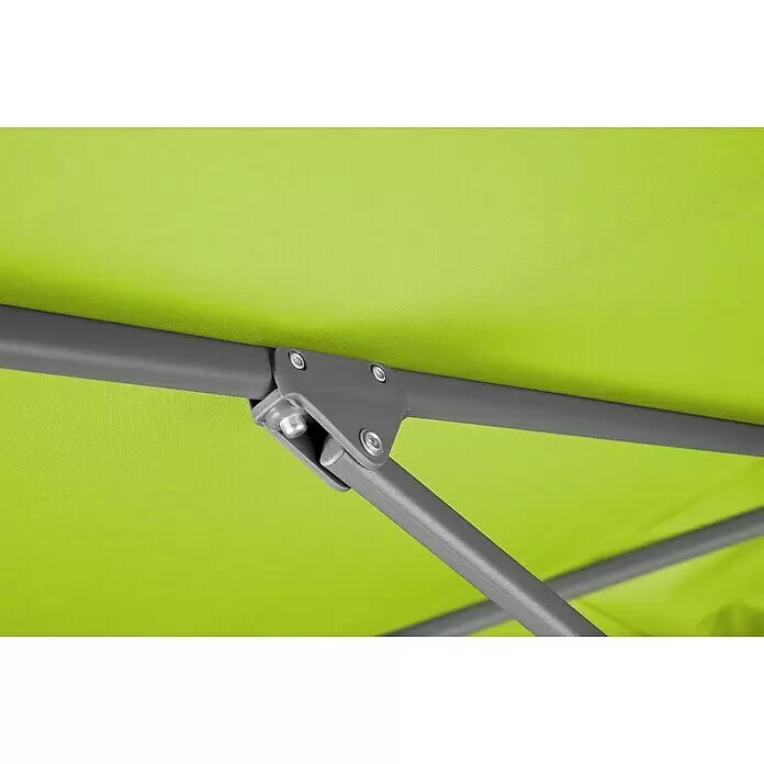 Schneider Classic Marktschirm Tunis - Apfelgrün, Bespannungsmaß (L x B): 270 x 150 cm - Detail eines dunkelgrauen Metallgelenks und Rahmens vor dem leuchtend grünen Stoff einer Markise oder eines Sonnenschirms.