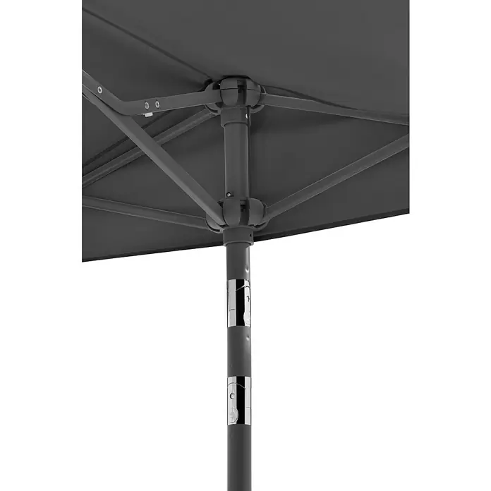 Schneider Classic Balkonschirm Salerno mezza - Anthrazit, Bespannungsmaß (L x B): 150 x 150 cm - Detailaufnahme eines grauen Sonnenschirms mit Fokus auf die Konstruktion und Halterung.