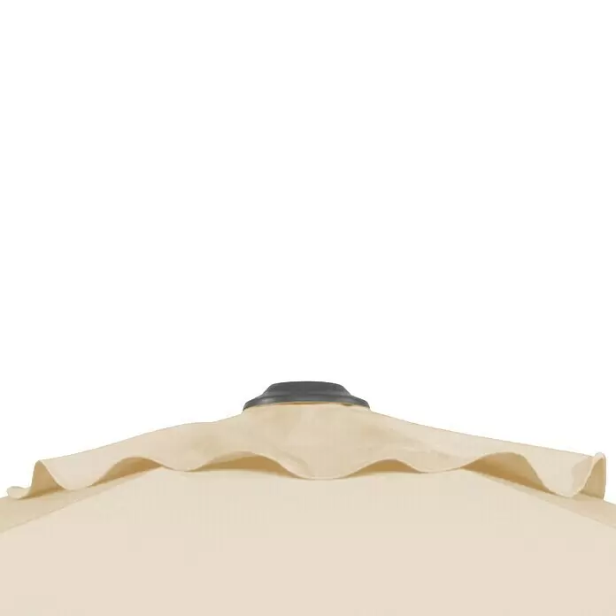 Schneider Classic Marktschirm Sevilla - Natur, Bespannungsmaß (L x B): 240 x 140 cm - Obere Ansicht eines beigen Sonnenschirms mit schwarzer Spitze und gefaltetem Stoff.
