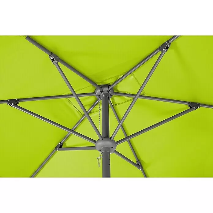 Schneider Classic Marktschirm Tunis - Apfelgrün, Bespannungsmaß (L x B): 270 x 150 cm - Unterseite eines leuchtend grünen Sonnenschirms mit grauem Metallgestell, Mittelstange und sichtbarem Seilzug.