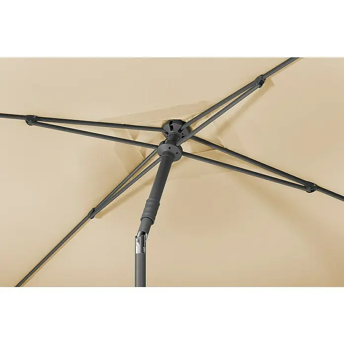 Schneider Classic Marktschirm Sevilla - Natur, Bespannungsmaß (L x B): 240 x 140 cm - Nahaufnahme des Gestells eines geöffneten, beigefarbenen Sonnenschirms, der Stabilität und Schutz vor der Sonne bietet.