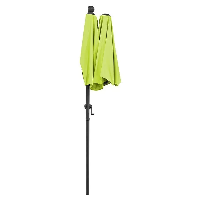 Schneider Classic Balkonschirm Salerno mezza - Apfelgrün, Bespannungsmaß (L x B): 150 x 150 cm - Geschlossener limettengrüner Terrassenschirm mit dunkelgrauem Mast und Kurbelmechanismus.