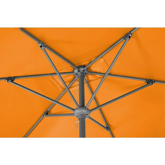 Schneider Classic Marktschirm Tunis - Mandarine, Bespannungsmaß (L x B): 270 x 150 cm - Nahaufnahme der Unterseite eines orangefarbenen Sonnenschirms mit grauem Gestell. Der Fokus liegt auf der Konstruktion des Schirms.