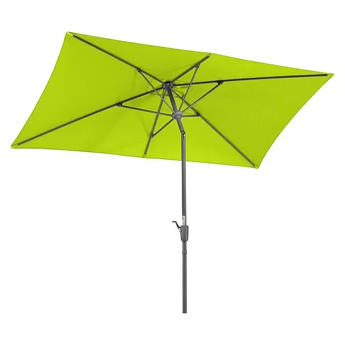 Schneider Classic Marktschirm Tunis - Apfelgrün, Bespannungsmaß (L x B): 270 x 150 cm - Ein rechteckiger grüner Sonnenschirm mit grauem Gestell und Stange, von unten gesehen.