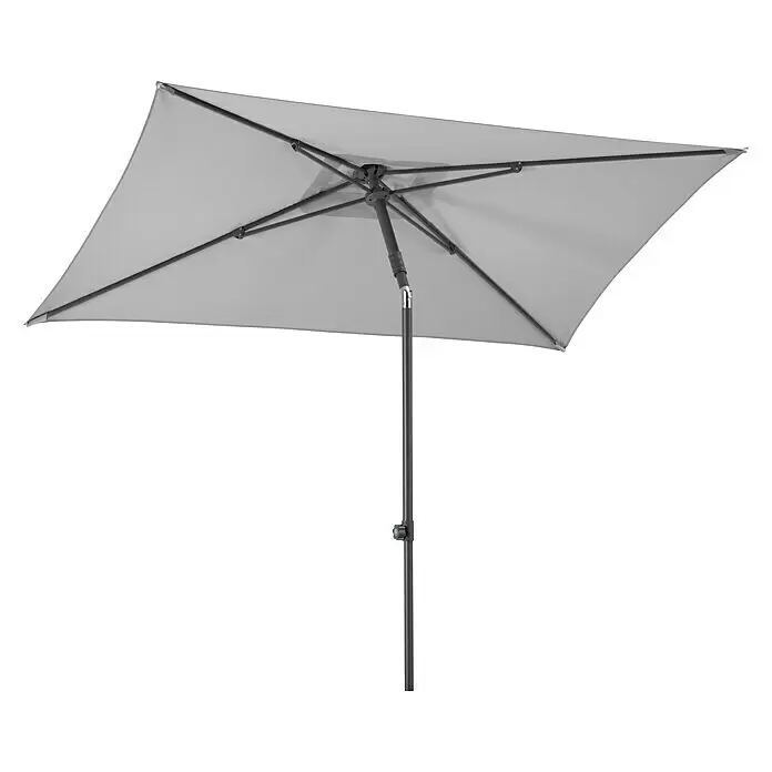Schneider Classic Marktschirm Sevilla - Silbergrau, Bespannungsmaß (L x B): 240 x 140 cm - Hellgrauer rechteckiger Sonnenschirm mit dunkelgrauem Mast und Gestell.