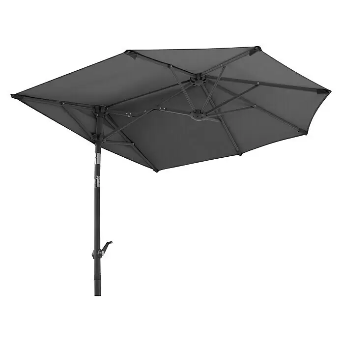 Schneider Classic Balkonschirm Salerno mezza - Anthrazit, Bespannungsmaß (L x B): 150 x 150 cm - Dunkelgrauer quadratischer Ampelschirm, zeigt die Unterstruktur, Stange und Kurbelmechanismus.