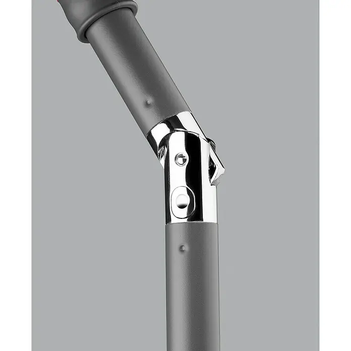 Schneider Classic Marktschirm Sevilla - Silbergrau, Bespannungsmaß (L x B): 240 x 140 cm - Detailaufnahme eines Sonnenschirmgelenks mit einem grauen Schirmmast und einem glänzenden, verstellbaren Chromgelenk.