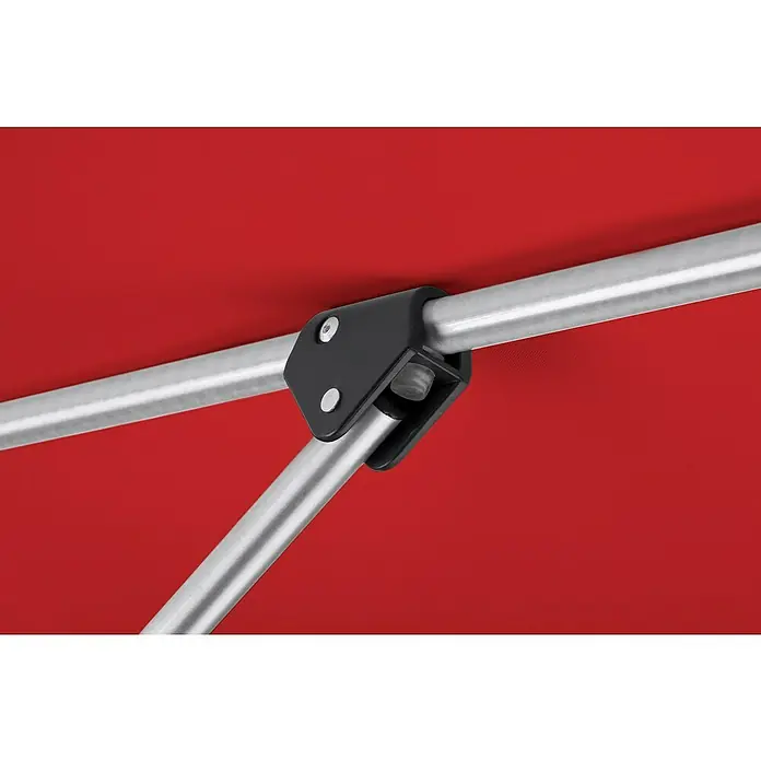 Schneider Classic Marktschirm rund VenedigRot, Durchmesser Bespannung: 270 cm - Detailaufnahme eines schwarzen Verbindungsstücks an einem roten Zeltgestänge, das Stabilität und Haltbarkeit für den Außenbereich bietet.