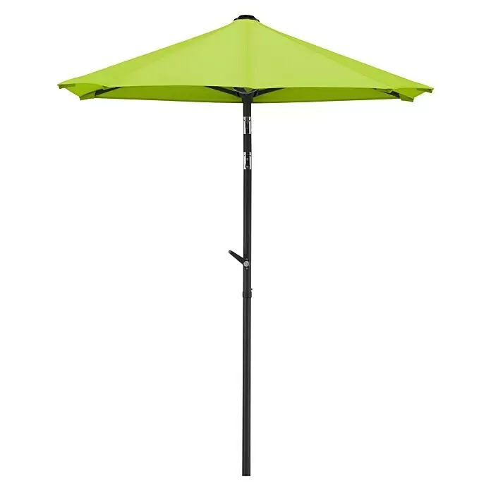Schneider Classic Balkonschirm Salerno mezza - Apfelgrün, Bespannungsmaß (L x B): 150 x 150 cm - Limettengrüner Sonnenschirm mit schwarzem Gestell, geöffnet und spendet Schatten.