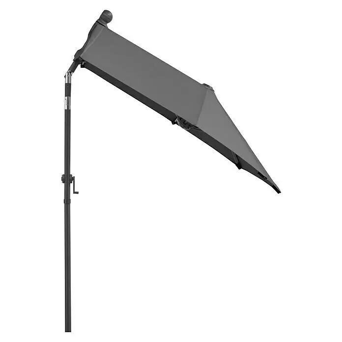 Schneider Classic Balkonschirm Salerno mezza - Anthrazit, Bespannungsmaß (L x B): 150 x 150 cm - Dunkelgrauer rechteckiger Terrassenschirm, teilweise zusammengeklappt, an dunklem Mast mit Kurbel befestigt.