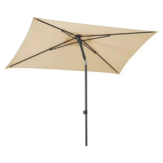 Schneider Classic Marktschirm Sevilla - Natur, Bespannungsmaß (L x B): 240 x 140 cm - Rechteckiger beiger Sonnenschirm mit dunkelgrauem Gestell und Stange, geöffnet.
