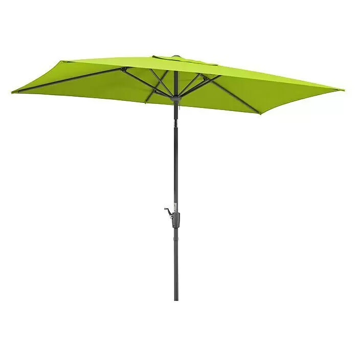 Schneider Classic Marktschirm Tunis - Apfelgrün, Bespannungsmaß (L x B): 270 x 150 cm - Rechteckiger grüner Terrassenschirm mit dunkelgrauem Mittelpfosten und Kurbelmechanismus.