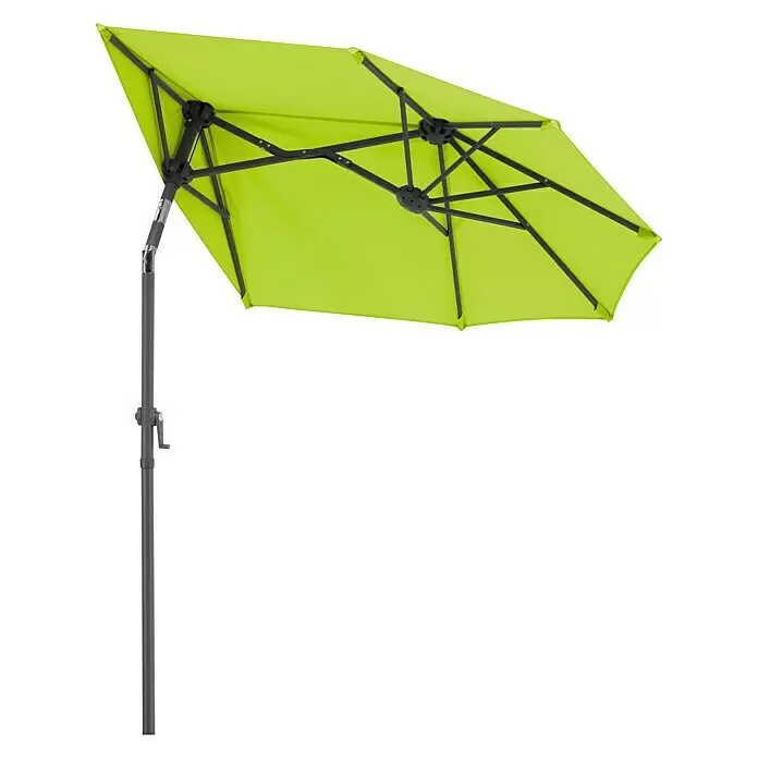 Schneider Classic Balkonschirm Salerno mezza - Apfelgrün, Bespannungsmaß (L x B): 150 x 150 cm - Limettengrüner, doppelseitiger Ampelschirm mit grauem Mast und Kurbel.