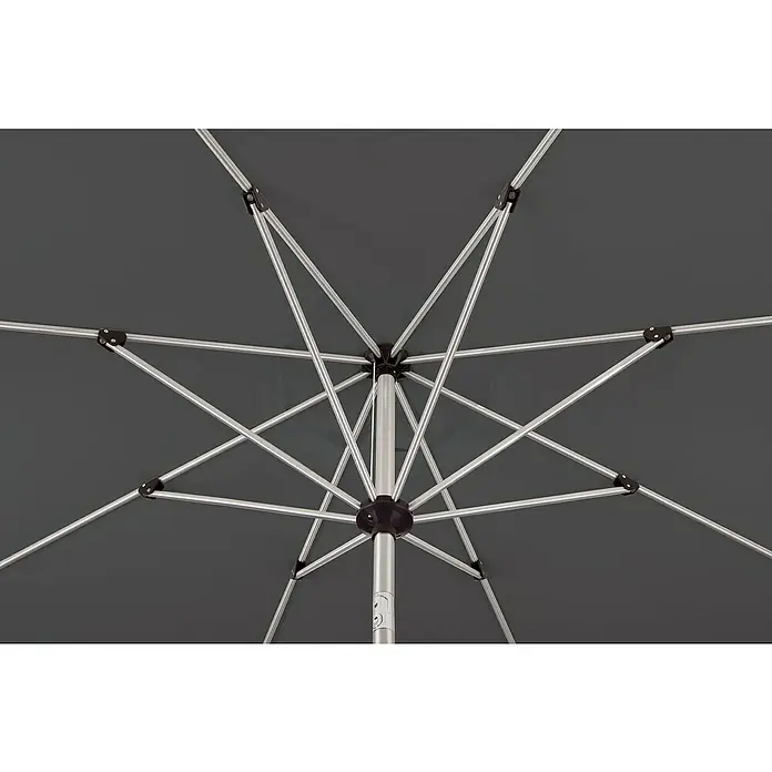 Schneider Classic Marktschirm rund VenedigAnthrazit, Durchmesser Bespannung: 270 cm - Detailaufnahme eines geöffneten, grauen Sonnenschirms, der die Konstruktion und das Design des Schirms hervorhebt.
