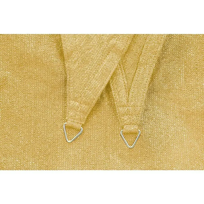 Schneider Sonnensegel Teneriffa - L x B: 500 x 500 cm, Natur, Quadratisch - Detailaufnahme eines goldenen Sonnensegels mit Ösen zur Befestigung, ideal für den Sonnenschutz im Garten oder auf der Terrasse.