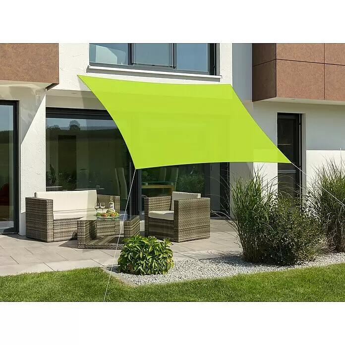 Schneider Sonnensegel Lanzarote - L x B: 360 x 360 cm, Apfelgrün, Quadratisch - Grünes Sonnensegel spendet Schatten über einer modernen Terrasse mit Gartenmöbeln.