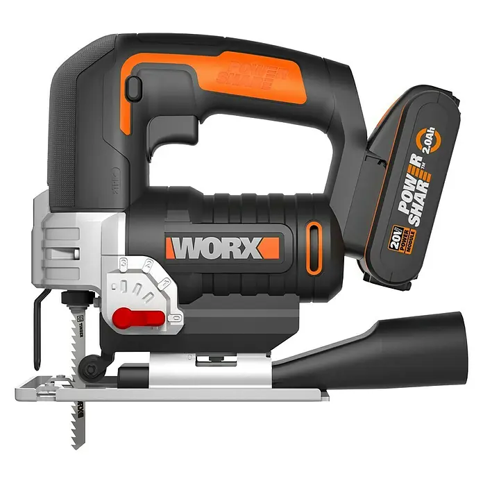 Worx PowerShare 20V Akku-Stichsäge WX543 - 20 V, 1 Akku, 2 Ah, Leerlaufhubzahl: 0 /min - 2.600 /min - Abbildung einer WORX Akku-Stichsäge.