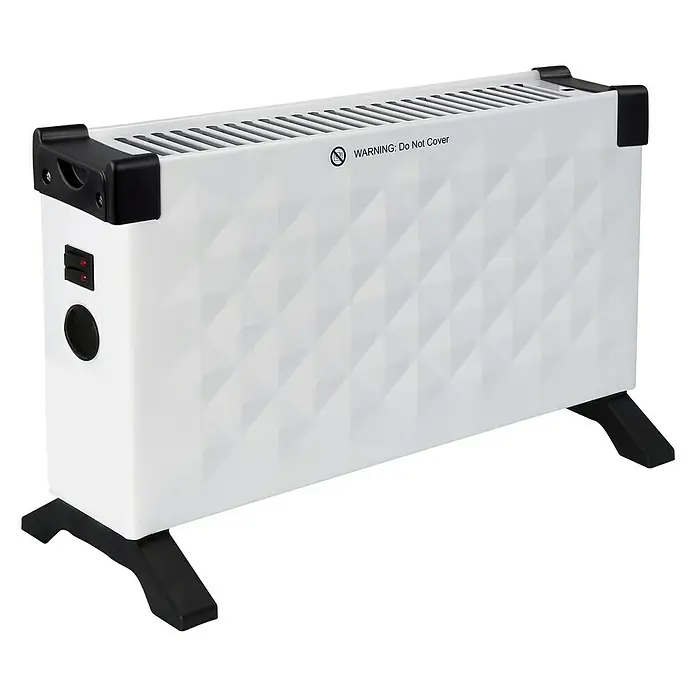 Voltomat HEATING Convector Rombo mini - 2.000 W, Habitaciones de hasta 25 m², Blanco/Negro - Aquí hay una imagen de un calentador eléctrico blanco con un patrón decorativo en la parte delantera y detalles en negro.