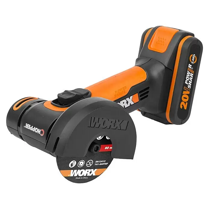 Worx PowerShare 20V Akku-Trennschleifer WX801 - 1 Akku, 2 Ah, Durchmesser Scheibe: 76 mm - Schwarz-orangefarbener Akku-Minicutter mit Trennscheibe und 20V Power Share Akku.