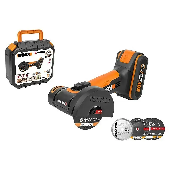 Worx PowerShare 20V Akku-Trennschleifer WX801 - 1 Akku, 2 Ah, Durchmesser Scheibe: 76 mm - Worx 20V Akku-Winkelschleifer in Schwarz-Orange, mit Tragetasche und mehreren Trenn-/Schleifscheiben.