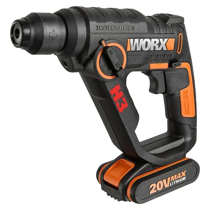 Worx PowerShare 20V Akku-Bohrhammer WX390.1 - 20 V, 2 Akkus, Li-Ionen, 12 -tlg. - Akkubohrer Hammerforce Worx mit 20V-Max-Lithium-Batterie, ideal für Heimwerkerarbeiten. Leistungsstark und vielseitig für verschiedene Materialien.