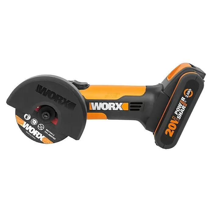 Worx PowerShare 20V Akku-Trennschleifer WX801 - 1 Akku, 2 Ah, Durchmesser Scheibe: 76 mm - Orange-schwarzer WORX 20V Akku-Winkelschleifer mit Trennscheibe und Wechselakku.