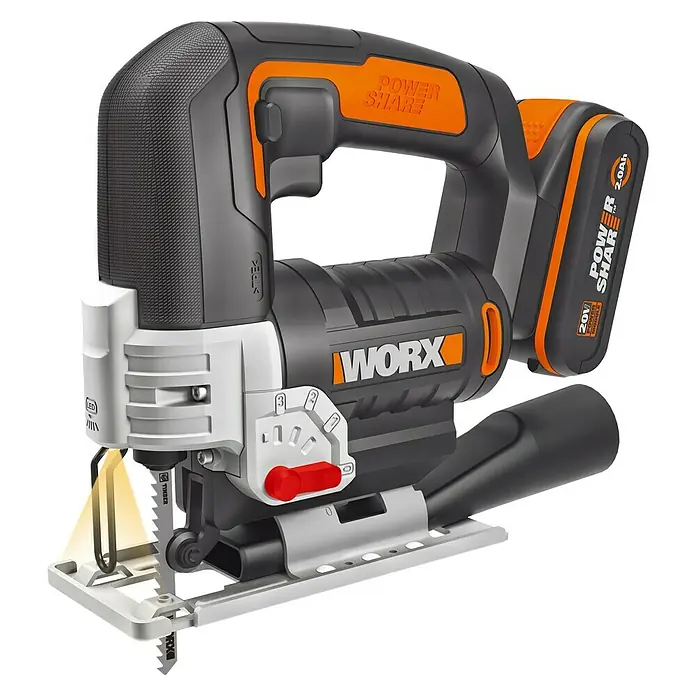 Worx PowerShare 20V Sierra de calar de batería WX543 - 20 V, 1 batería, 2 Ah, Número de carreras marcha en vacío: 0 /min - 2.600 /min - Imagen de una sierra de calar inalámbrica Worx con batería Power Share, perfecta para cortes precisos.