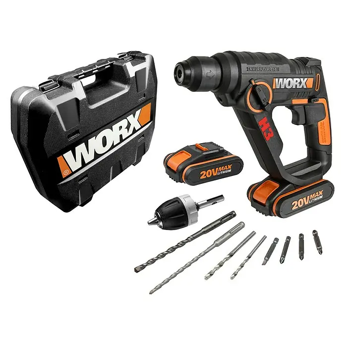 Worx PowerShare 20V Akku-Bohrhammer WX390.1 - 20 V, 2 Akkus, Li-Ionen, 12 -tlg. - Abbildung eines Worx H3 Akku-Bohrhammersets mit Koffer, zwei Akkus, Bohrfutteradapter und verschiedenen Bohrern/Bits.