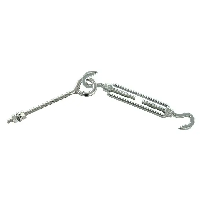 Schneider Ösenschraube für Sonnensegel - Länge: 6,5 cm, Edelstahl - Nahaufnahme eines Spannschlosses mit Haken und Öse. Das Spannschloss ist aus glänzendem Metall gefertigt und hat ein Schraubgewinde.
