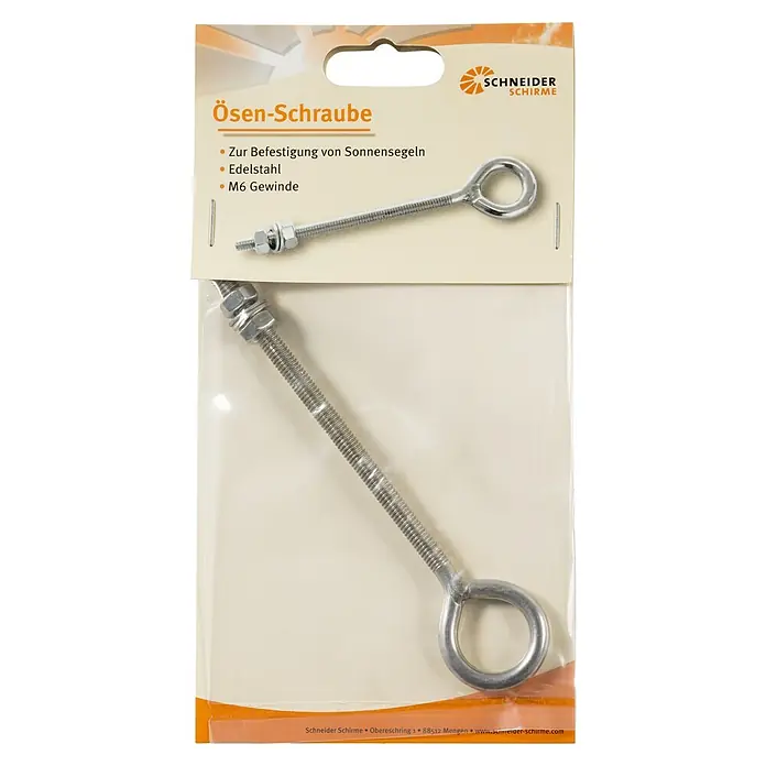 Schneider Ösenschraube für Sonnensegel - Länge: 6,5 cm, Edelstahl - Nahaufnahme einer Ösenschraube von Schneider Schirme, ideal zur Befestigung von Sonnensegeln, aus Edelstahl und mit M6-Gewinde.