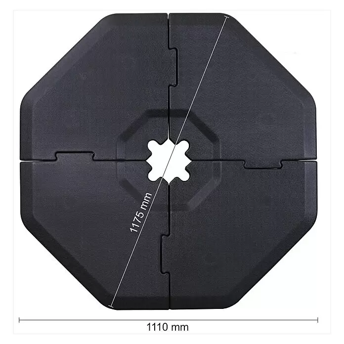 Schneider Beschwerplatte für Ampelschirme - L x B x H: 111 x 111 x 12 cm, Grau, Kunststoff, 4 -tlg. - Schwarzer, vierteiliger, achteckiger Sonnenschirmständer mit sternförmiger Mittelöffnung und Maßen.
